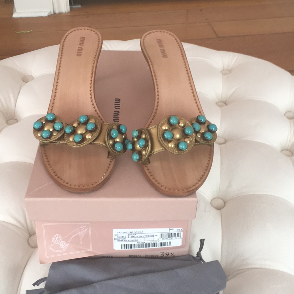 MIU MIU BRONZE KITTEN HEEL SANDALS